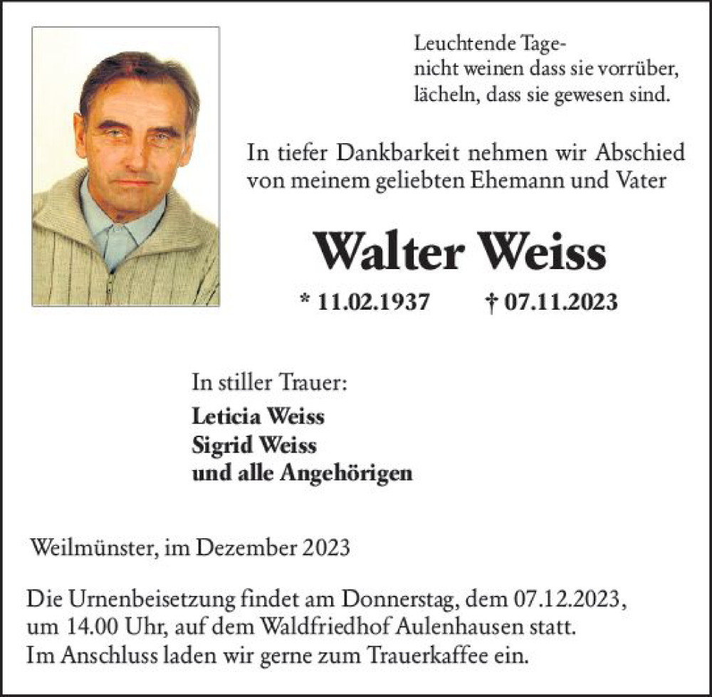  Traueranzeige für Walter Weiss vom 04.12.2023 aus Weilburger Tageblatt