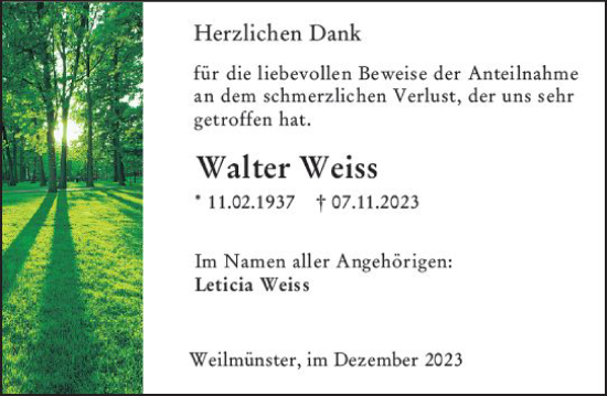 Traueranzeige von Walter Weiss von Weilburger Tageblatt