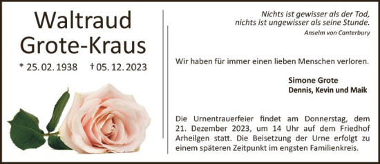 Traueranzeige von Waltraud Grote-Kraus von Darmstädter Echo