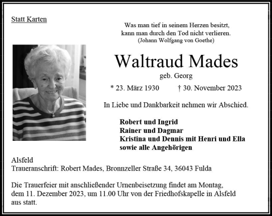 Traueranzeige von Waltraud Mades von VRM Trauer