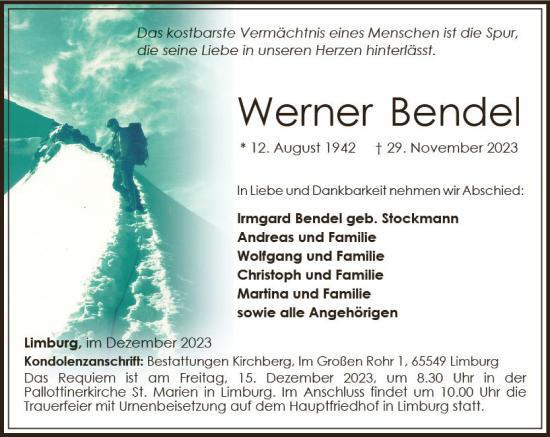 Traueranzeige von Werner Bendel von Nassauische Neue Presse
