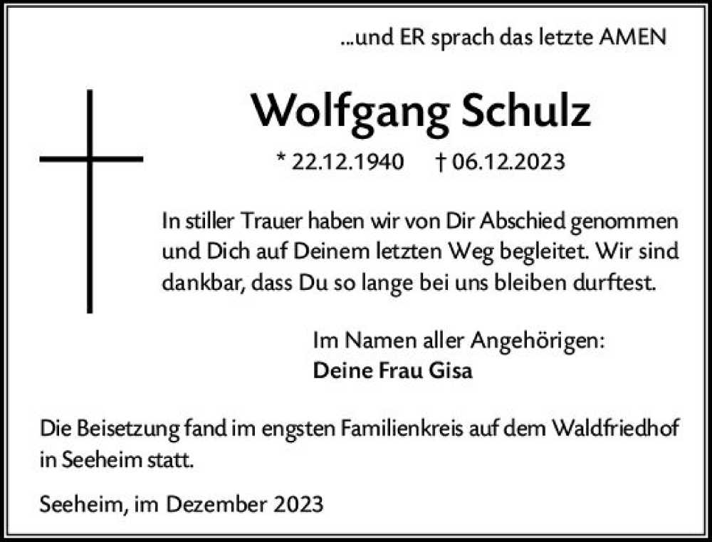  Traueranzeige für Wolfgang Schulz vom 23.12.2023 aus Darmstädter Echo