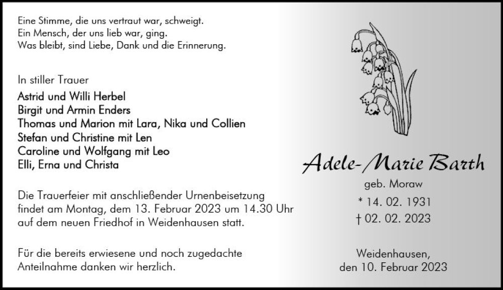  Traueranzeige für Adele-Marie Barth vom 10.02.2023 aus Wetzlarer Neue Zeitung