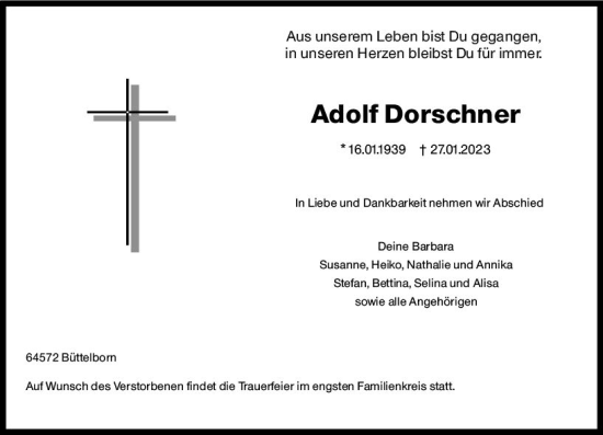 Traueranzeige von Adolf Dorschner von Groß-Gerauer Echo
