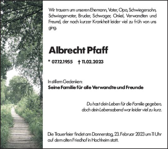 Traueranzeige von Albrecht Pfaff von Hochheimer Zeitung