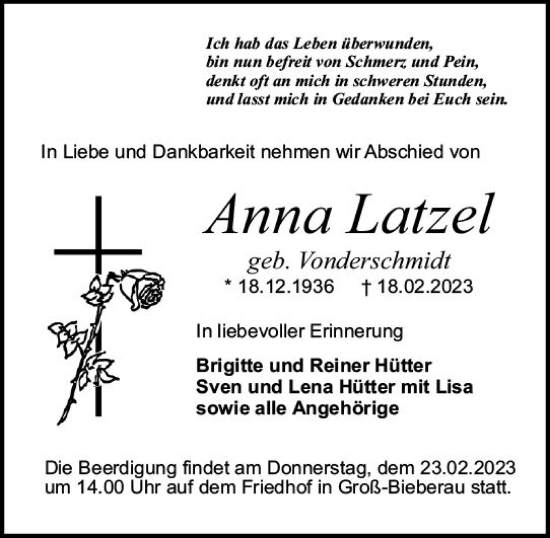 Traueranzeige von Anna Latzel von Darmstädter Echo