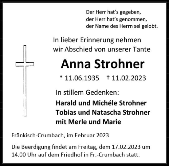 Traueranzeige von Anna Strohner von Odenwälder Echo