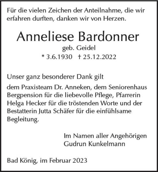 Traueranzeige von Anneliese Bardonner von Odenwälder Echo