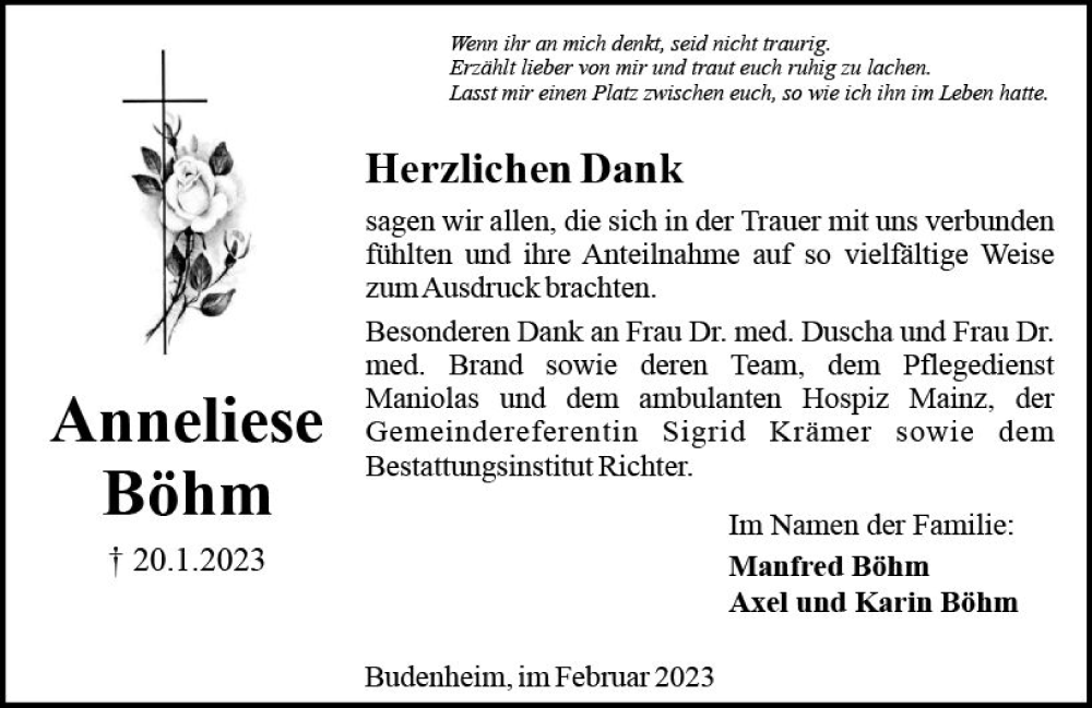  Traueranzeige für Anneliese Böhm vom 18.02.2023 aus Allgemeine Zeitung Mainz