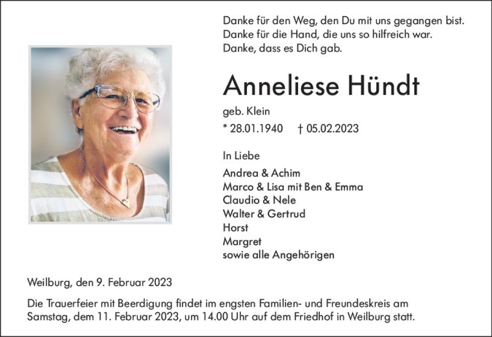  Traueranzeige für Anneliese Hündt vom 09.02.2023 aus Weilburger Tageblatt