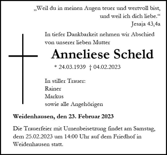 Traueranzeige von Anneliese Scheld von Hinterländer Anzeiger