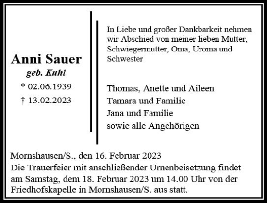 Traueranzeige von Anni Sauer von Hinterländer Anzeiger