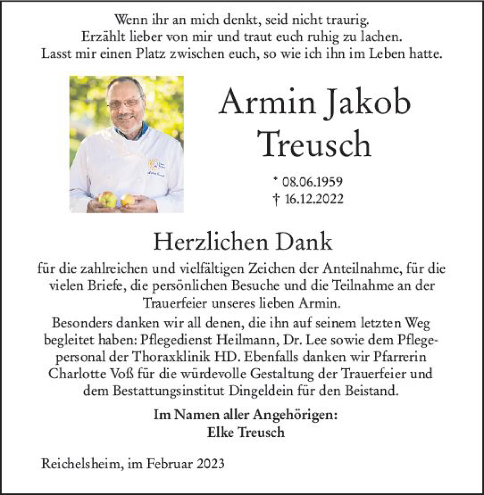  Traueranzeige für Armin Jakob Treusch vom 04.02.2023 aus Odenwälder Echo