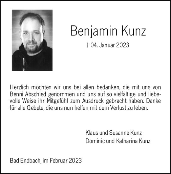 Traueranzeige von Benjamin Kunz von Hinterländer Anzeiger