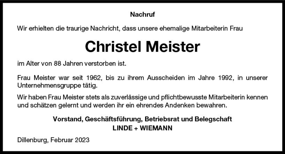  Traueranzeige für Christel Meister vom 11.02.2023 aus Dill Block