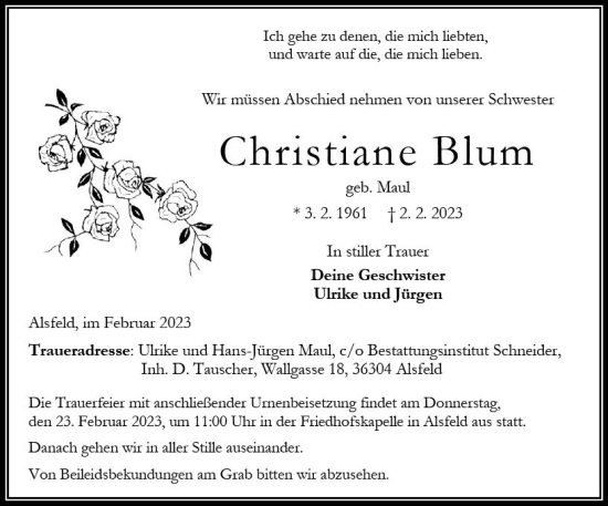 Traueranzeige von Christiane Blum von OK Oberhessen Kurier