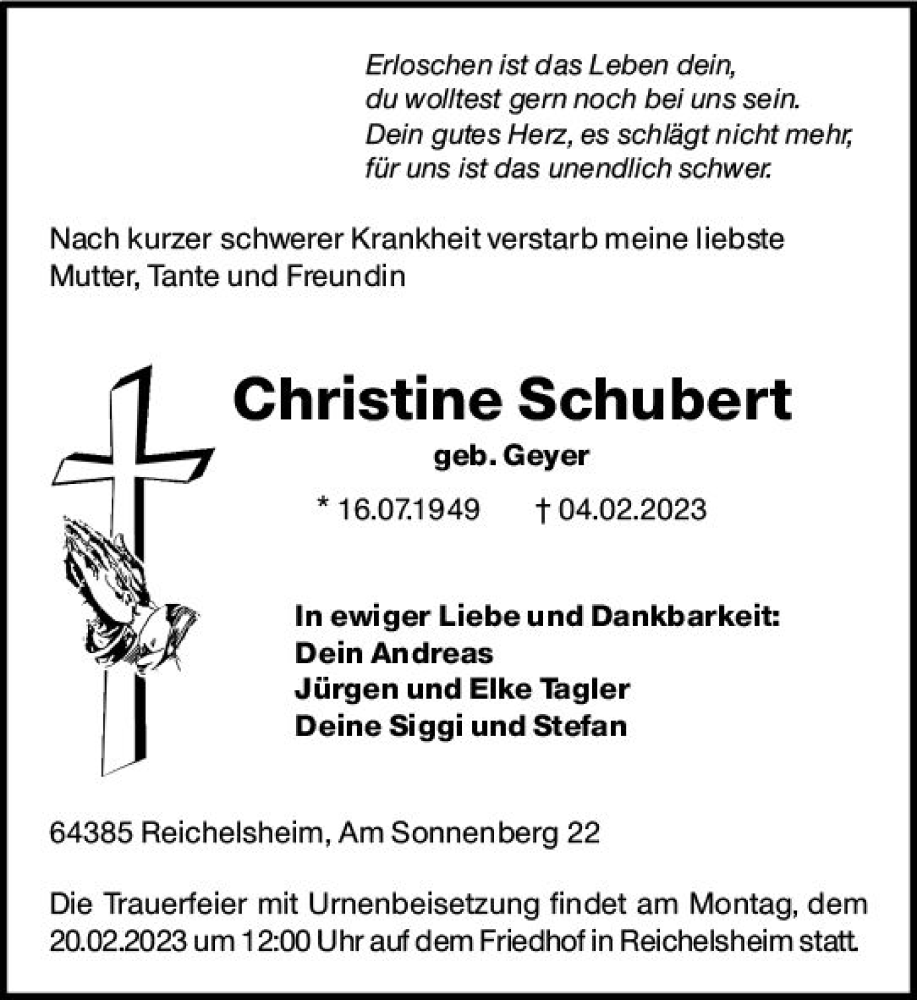  Traueranzeige für Christine Schubert vom 18.02.2023 aus Odenwälder Echo