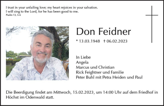 Traueranzeige von Don Feidner von Odenwälder Echo