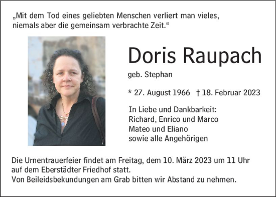 Traueranzeige von Doris Raupach von Darmstädter Echo