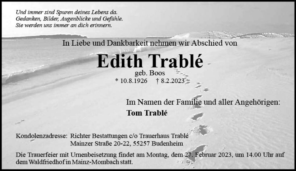  Traueranzeige für Edith Trablé vom 18.02.2023 aus Allgemeine Zeitung Mainz