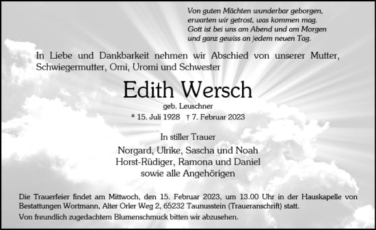 Traueranzeige von Edith Wersch von Wiesbadener Kurier gesamt