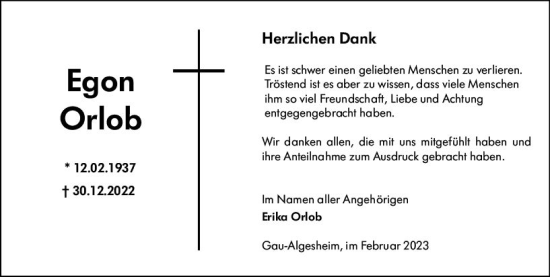 Traueranzeige von Egon Orlob von Allgemeine Zeitung Ingelheim-Bingen