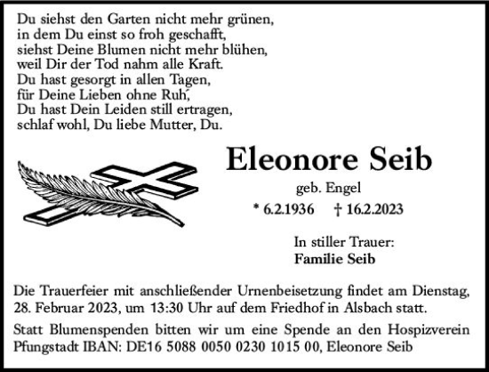 Traueranzeige von Eleonore Seib von Darmstädter Echo