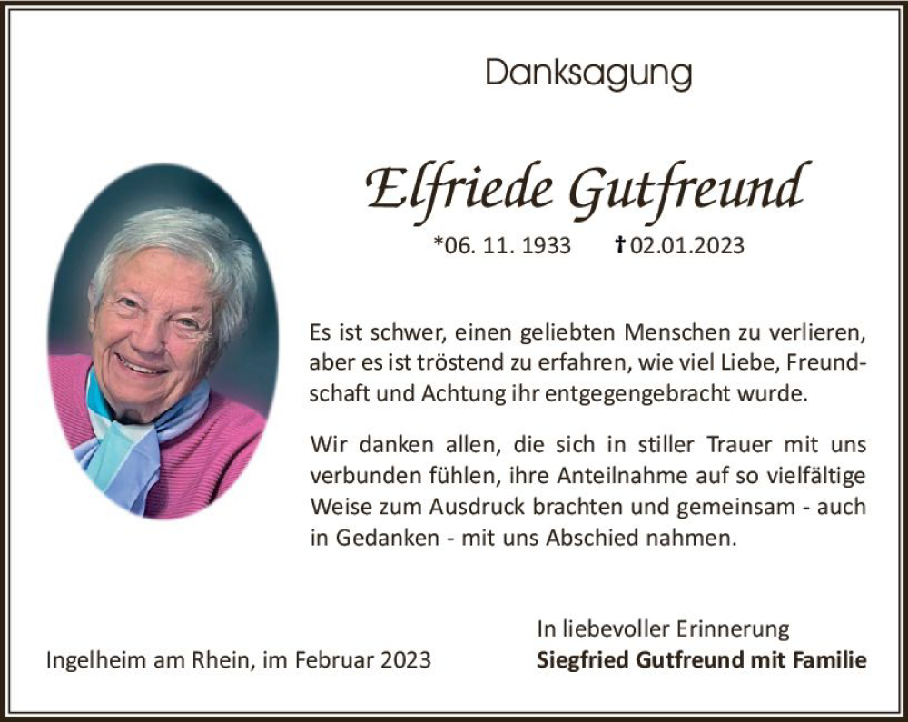  Traueranzeige für Elfriede Gutfreund vom 11.02.2023 aus Allgemeine Zeitung Ingelheim-Bingen