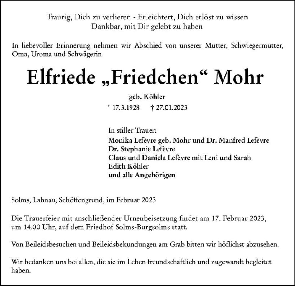  Traueranzeige für Elfriede  Mohr vom 14.02.2023 aus Wetzlarer Neue Zeitung