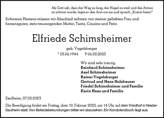 Traueranzeige von Elfriede Schimsheimer von Allgemeine Zeitung Alzey