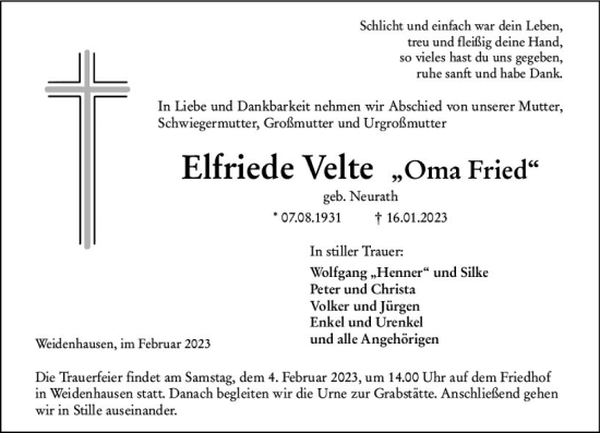 Traueranzeige von Elfriede Velte von Hinterländer Anzeiger