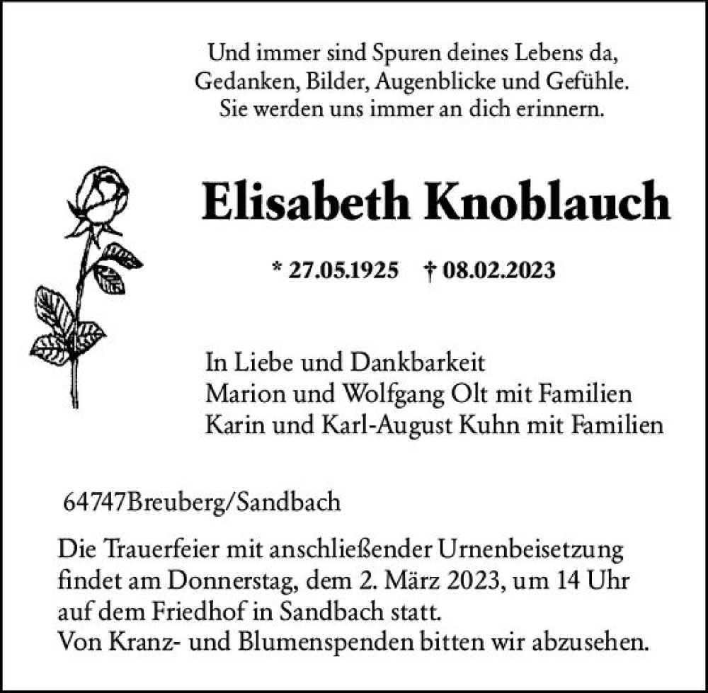  Traueranzeige für Elisabeth Knoblauch vom 25.02.2023 aus Odenwälder Echo