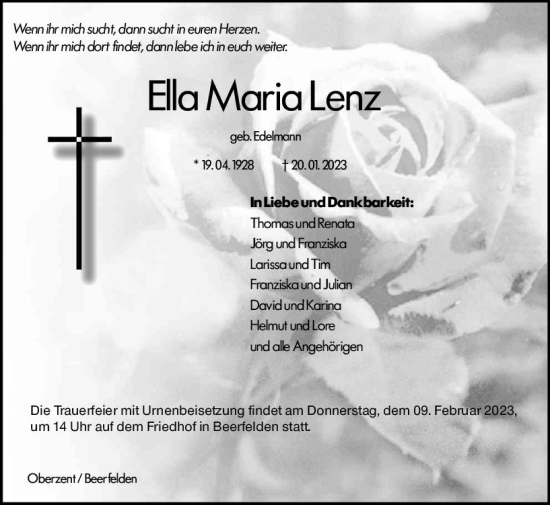 Traueranzeige von Ella Maria Lenz von Odenwälder Echo