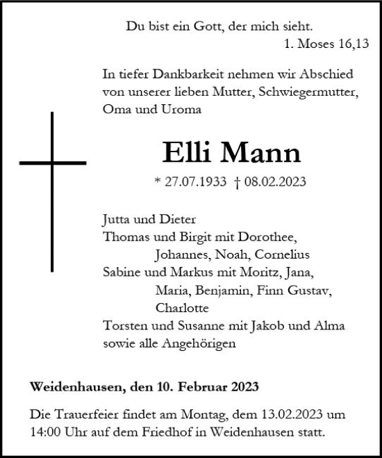 Traueranzeige von Elli Mann von Hinterländer Anzeiger