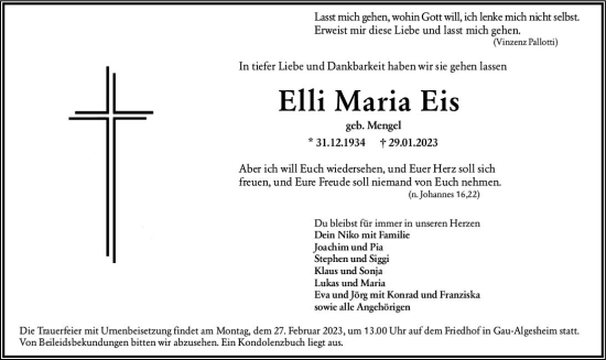 Traueranzeige von Elli Maria Eis von Allgemeine Zeitung Bingen/Ingelheim