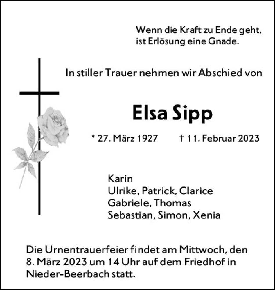  Traueranzeige für Elsa Sipp vom 25.02.2023 aus Darmstädter Echo