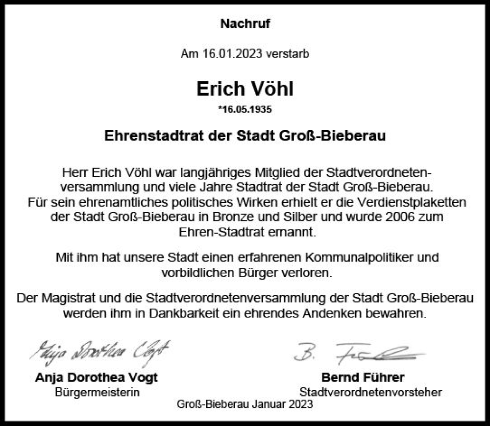  Traueranzeige für Erich Vöhl vom 04.02.2023 aus Darmstädter Echo