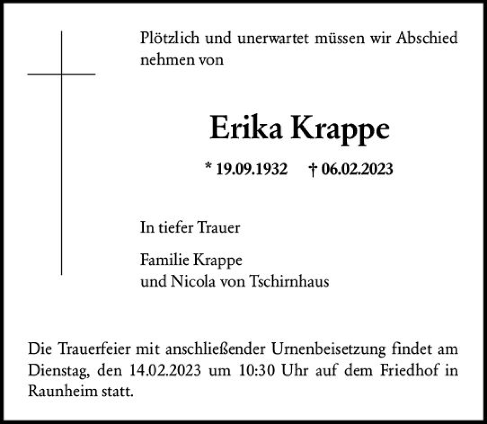  Traueranzeige für Erika Krappe vom 11.02.2023 aus Rüsselsheimer Echo