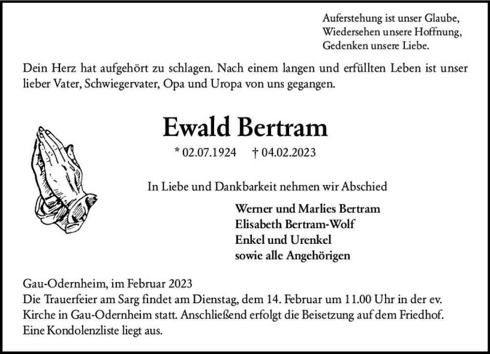  Traueranzeige für Ewald Bertram vom 11.02.2023 aus Allgemeine Zeitung Alzey