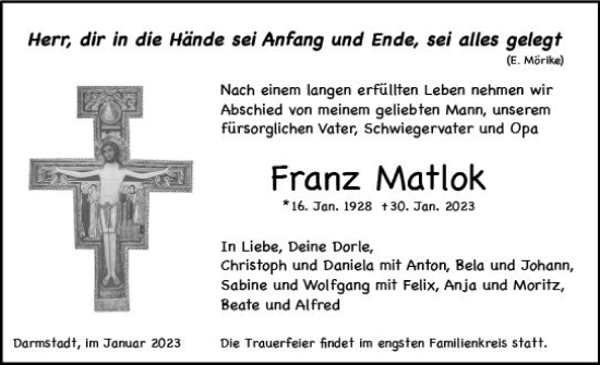 Traueranzeige von Franz Matlock von Darmstädter Echo