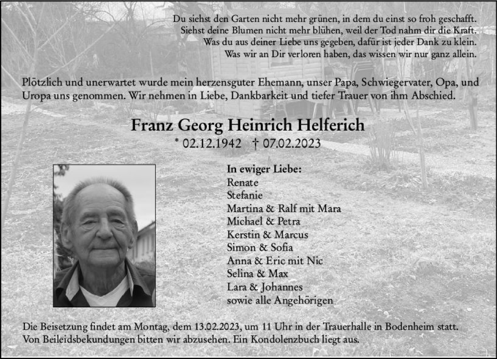  Traueranzeige für Franz Georg Heinrich Helferich vom 11.02.2023 aus Allgemeine Zeitung Mainz
