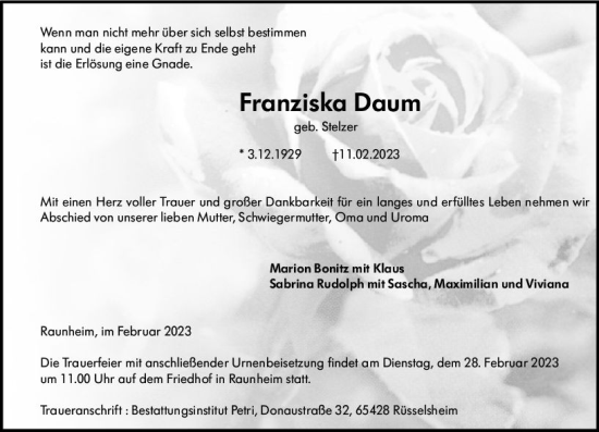 Traueranzeige von Franziska Daum von Rüsselsheimer Echo