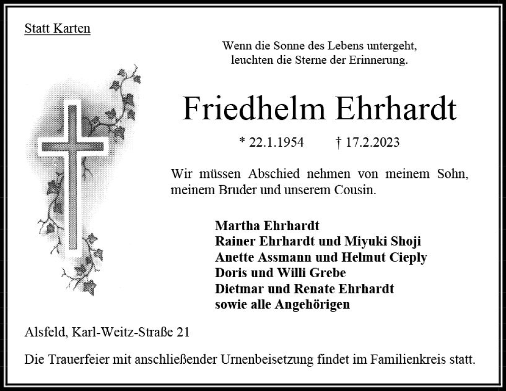  Traueranzeige für Friedhelm Ehrhardt vom 25.02.2023 aus VRM Trauer
