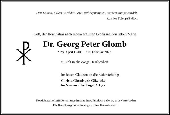 Traueranzeige von Georg Peter Glomb von Wiesbadener Kurier