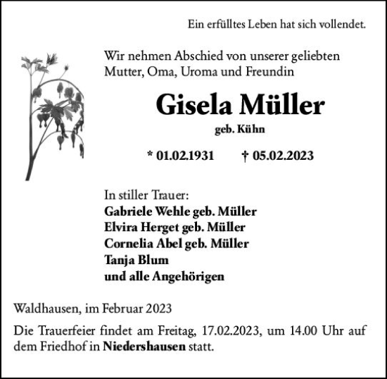 Traueranzeige von Gisela Müller von Weilburger Tageblatt