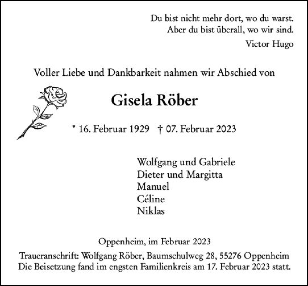  Traueranzeige für Gisela Röber vom 18.02.2023 aus Allgemeine Zeitung Mainz