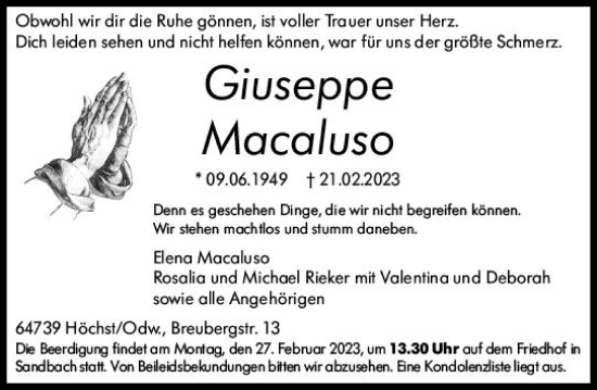 Traueranzeige von Giuseppe Macaluso von Odenwälder Echo