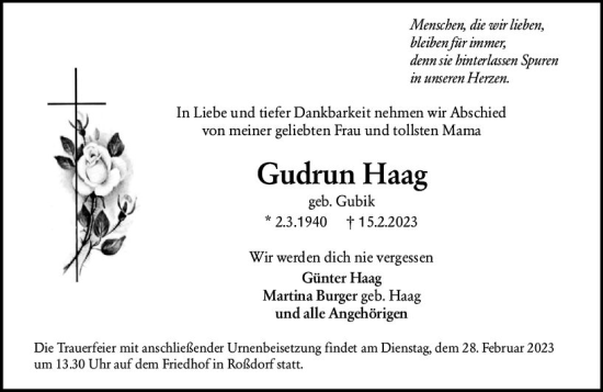 Traueranzeige von Gudrun Haag von Darmstädter Echo