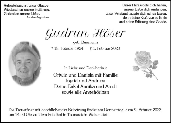Traueranzeige von Gudrun Höser von Wiesbadener Kurier gesamt