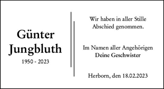 Traueranzeige von Günter Jungbluth von Dill Block